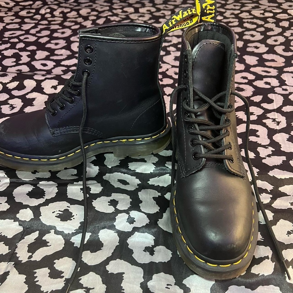 Dr. Martens Black Leather Lace-Up Combat Boots with Yellow Stitching